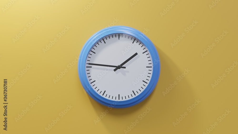 Glossy blue clock on a orange wall at forty-six past one. Time is 01:46 or 13:46 Glossy blue clock on a orange wall at forty-six past one. Time is 01:46 or 13:46