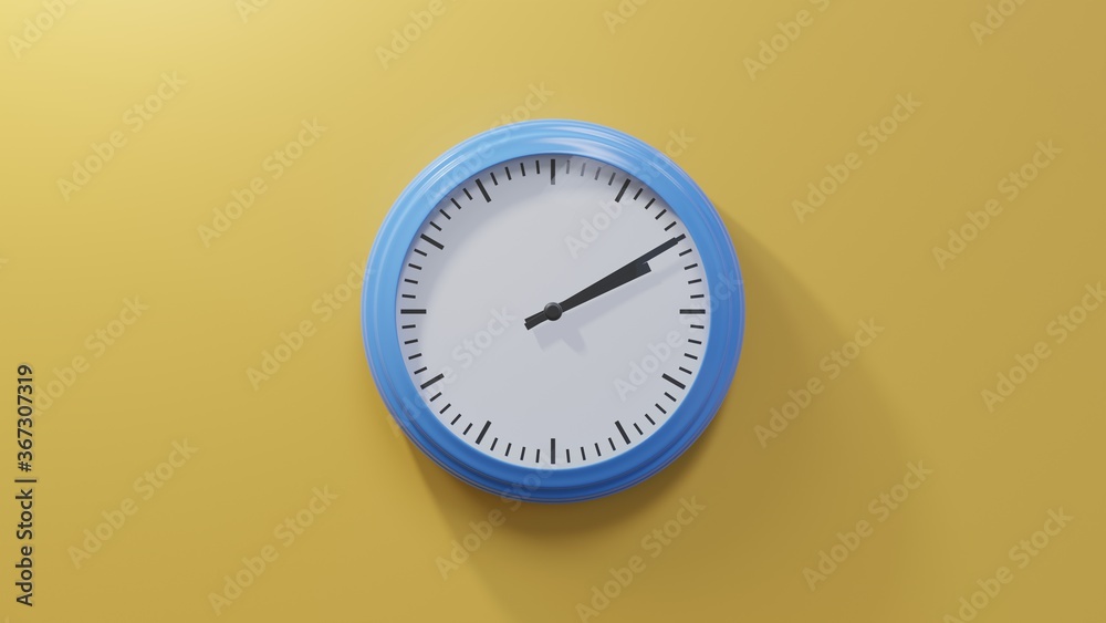 Glossy blue clock on a orange wall at ten past two. Time is 02:10 or 14:10 Glossy blue clock on a orange wall at ten past two. Time is 02:10 or 14:10