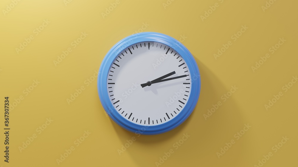 Glossy blue clock on a orange wall at thirteen past two. Time is 02:13 or 14:13 Glossy blue clock on a orange wall at thirteen past two. Time is 02:13 or 14:13