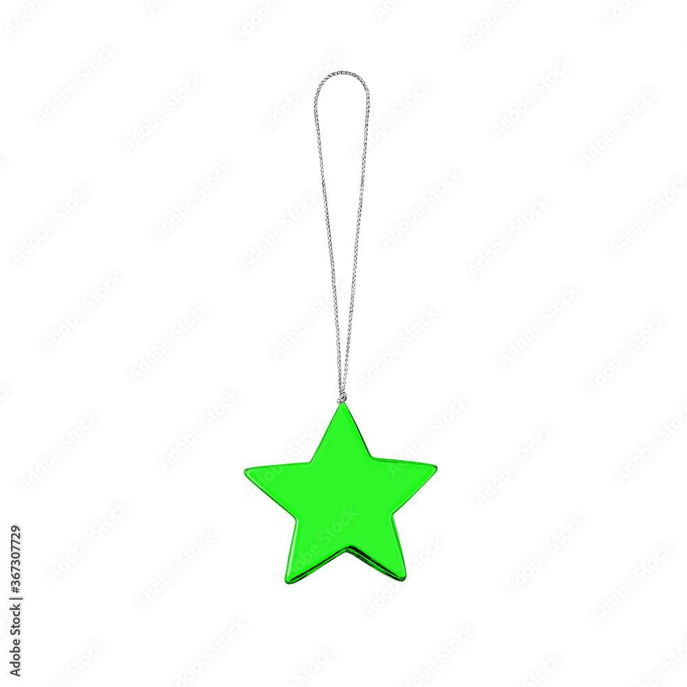 Green star hanging on thread on white background isolated close up, Сhristmas tree decoration, colorful shiny star shaped bauble, traditional new year holiday decor design element, decorative xmas toy Green star hanging on thread on white background isolated close up, Сhristmas tree decoration, colorful shiny star shaped bauble, traditional new year holiday decor design element, decorative xmas toy