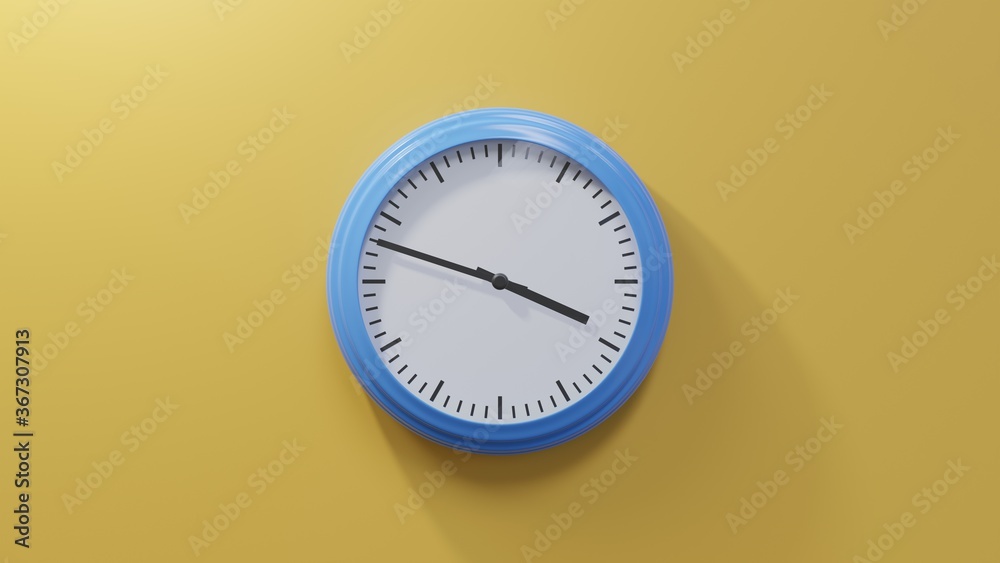 Glossy blue clock on a orange wall at forty-eight past three. Time is 03:48 or 15:48 Glossy blue clock on a orange wall at forty-eight past three. Time is 03:48 or 15:48