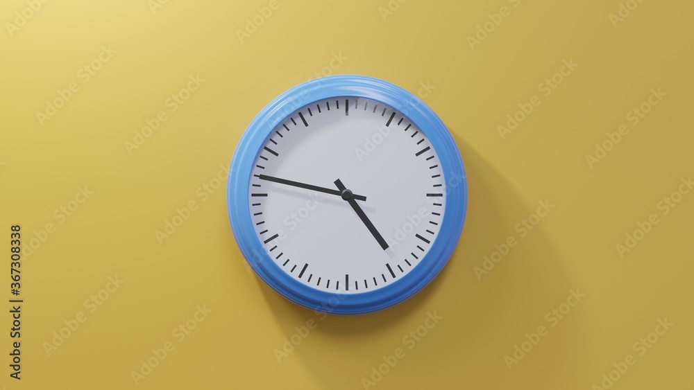 Glossy blue clock on a orange wall at forty-seven past four. Time is 04:47 or 16:47 Glossy blue clock on a orange wall at forty-seven past four. Time is 04:47 or 16:47