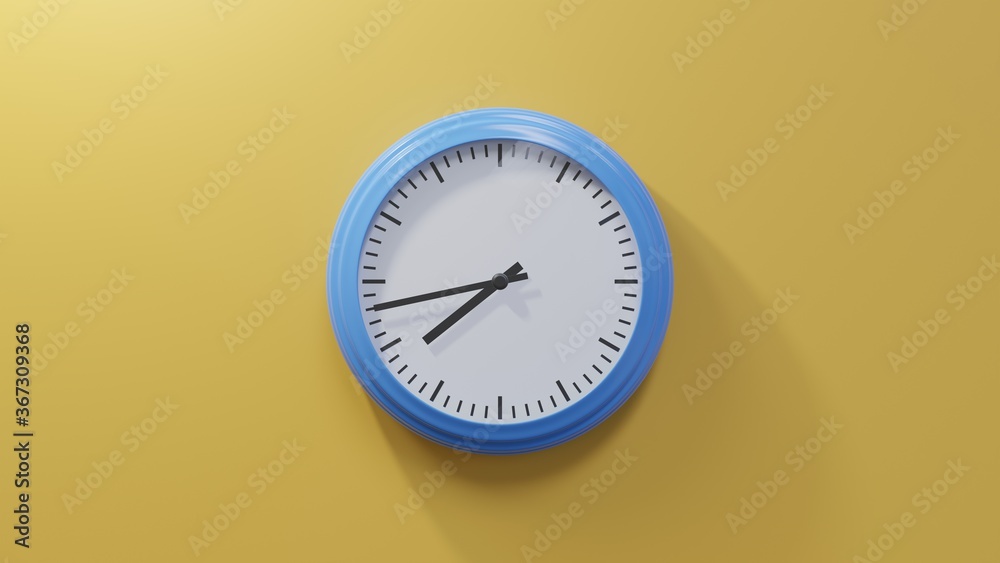 Glossy blue clock on a orange wall at forty-three past seven. Time is 07:43 or 19:43 Glossy blue clock on a orange wall at forty-three past seven. Time is 07:43 or 19:43