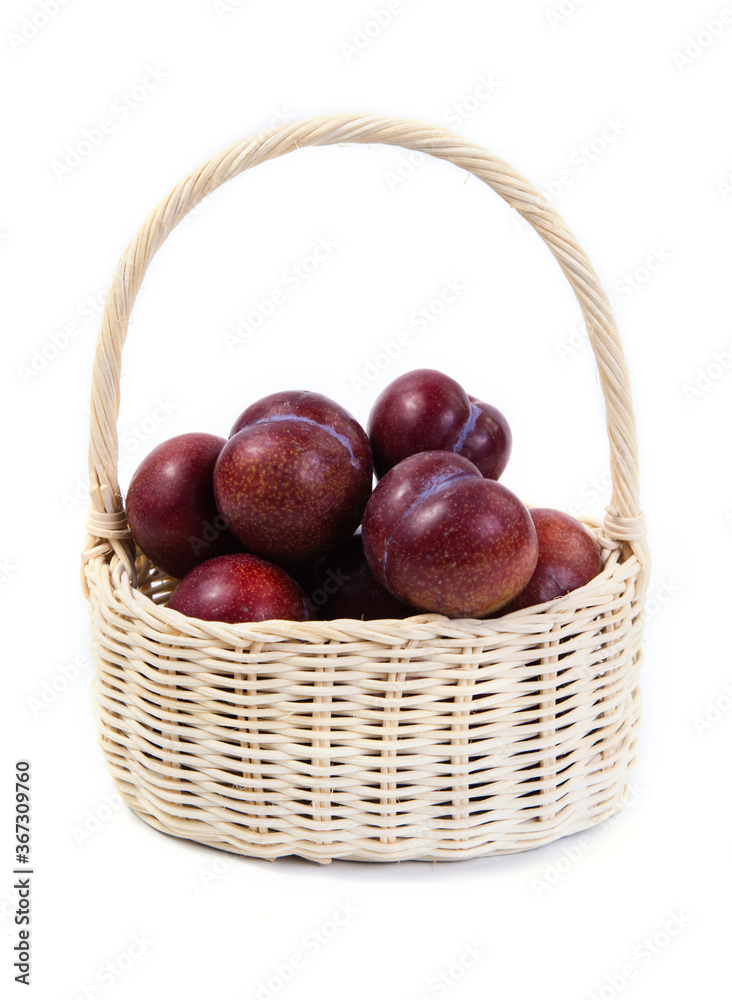 Plums in basket on white background. Fresh plums in a wicker basket on white background. Plums fruit heap in basket on white background