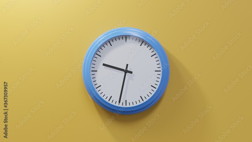 Glossy blue clock on a orange wall at thirty-two past nine. Time is 09:32 or 21:32 Glossy blue clock on a orange wall at thirty-two past nine. Time is 09:32 or 21:32