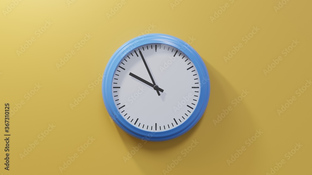 Glossy blue clock on a orange wall at fifty-six past nine. Time is 09:56 or 21:56