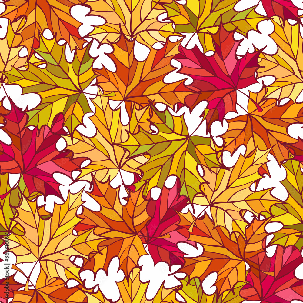Vector autumn seamless pattern with colorful maple leaves on white background
