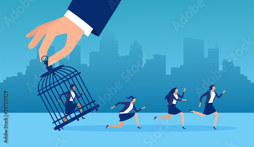Vector of a man hand lifting up birdcage helping women to escape from imprisonment