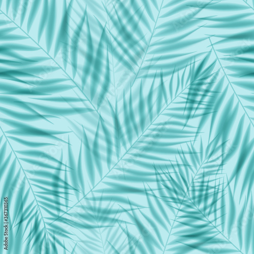 Vector tropical seamless pattern with shadows of palm leaves on blue background