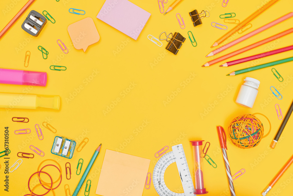 Back to school concept, school supplies on yellow background, university, college, flat lay with copy space Back to school concept, school supplies on yellow background, university, college, flat lay with copy space