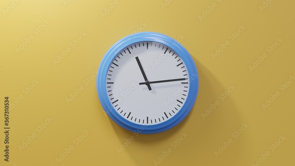 Glossy blue clock on a orange wall at fourteen past eleven. Time is 11:14 or 23:14 Glossy blue clock on a orange wall at fourteen past eleven. Time is 11:14 or 23:14