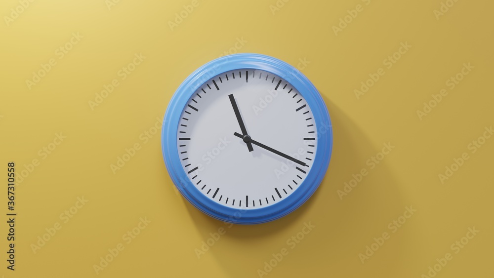 Glossy blue clock on a orange wall at nineteen past eleven. Time is 11:19 or 23:19