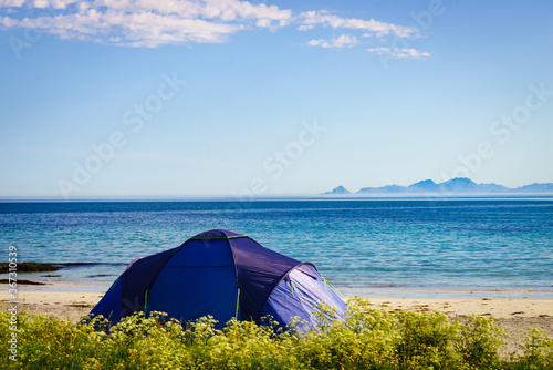 Tent on beach sea shore  Lofoten Norway