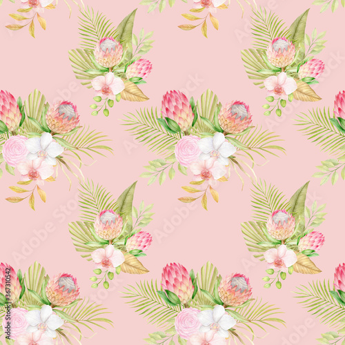 Watercolor floral seamless pattern. Hand drawn tropical compositions with dried palm leaves, orchid flowers and protea on pink background 