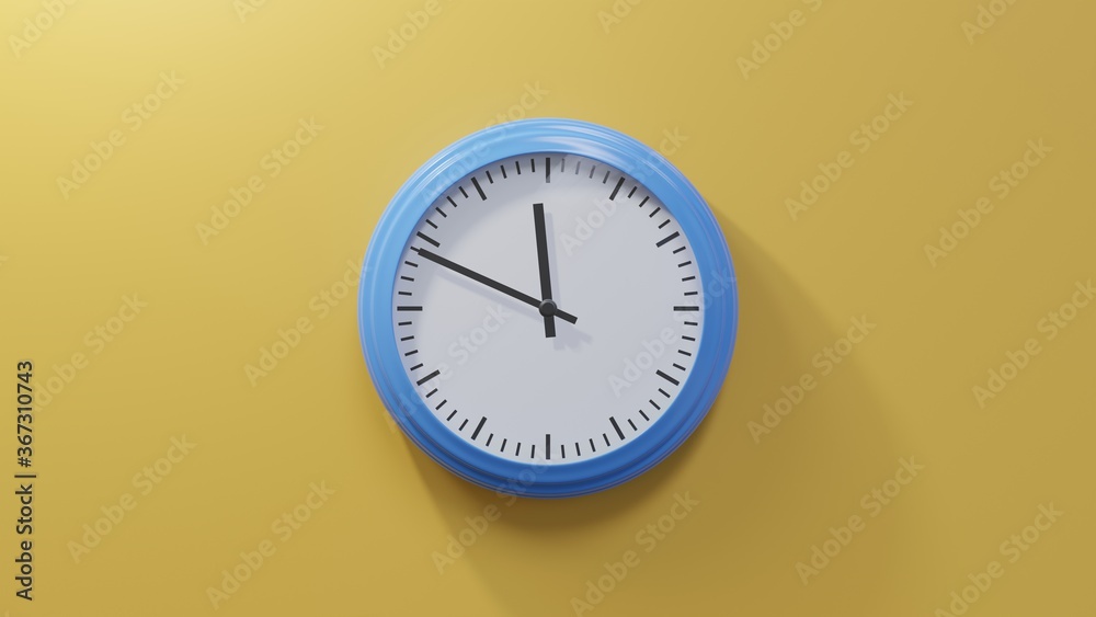 Glossy blue clock on a orange wall at forty-nine past eleven. Time is 11:49 or 23:49 Glossy blue clock on a orange wall at forty-nine past eleven. Time is 11:49 or 23:49