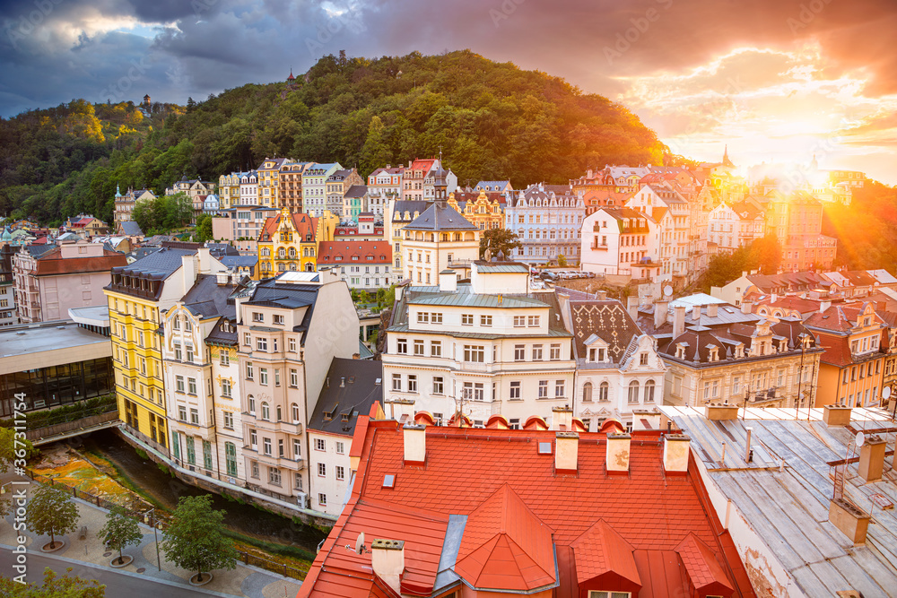 Karlovy Vary, Czech Republic. Aerial image of Karlovy Vary (Carlsbad), located in western Bohemia at beautiful sunset.