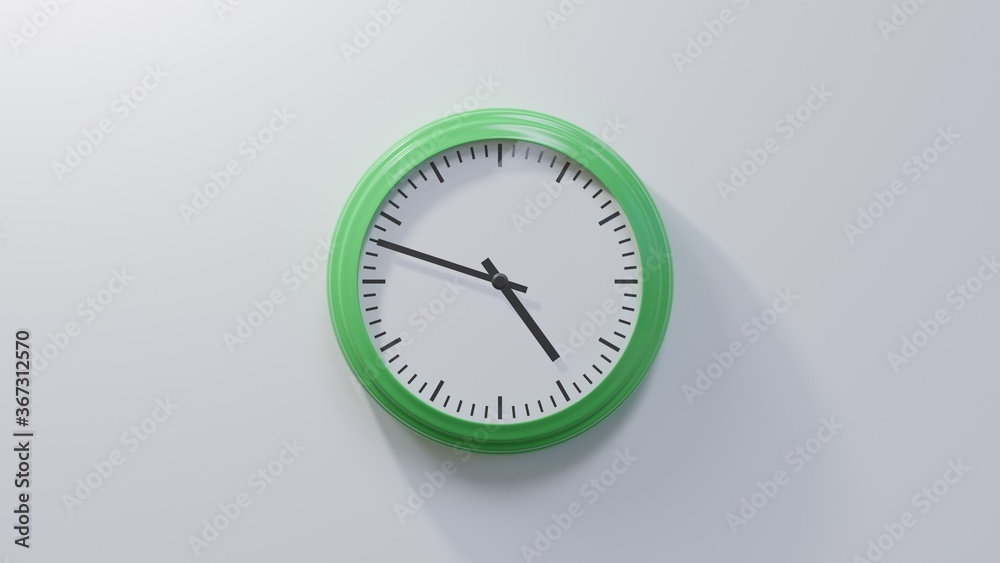 Glossy green clock on a white wall at forty-eight past four. Time is 04:48 or 16:48 Glossy green clock on a white wall at forty-eight past four. Time is 04:48 or 16:48