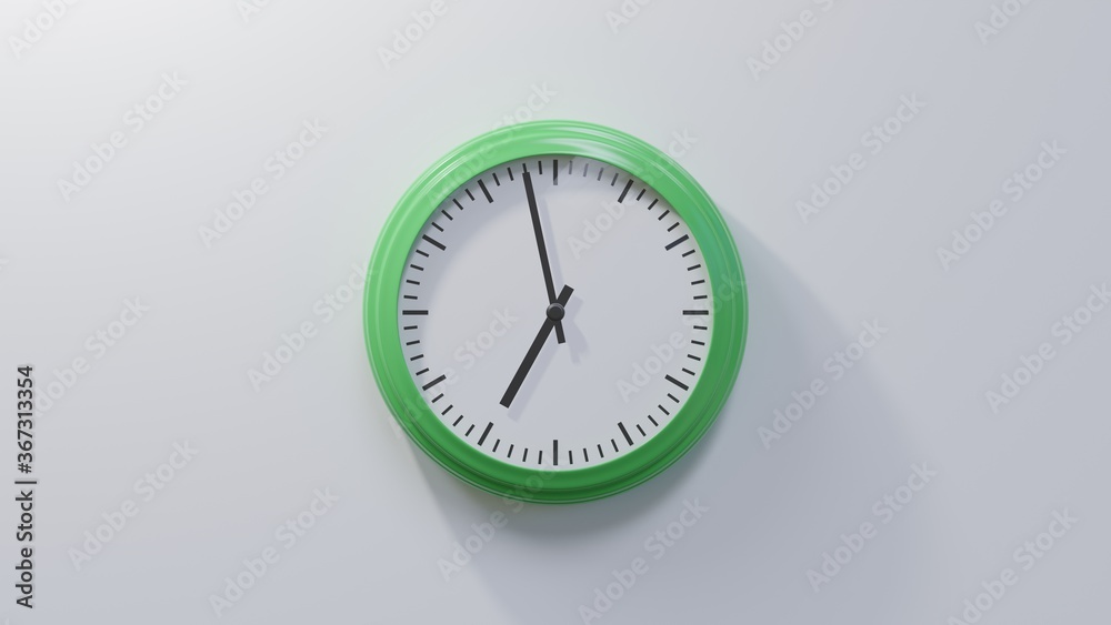 Glossy green clock on a white wall at fifty-eight past six. Time is 06:58 or 18:58 Glossy green clock on a white wall at fifty-eight past six. Time is 06:58 or 18:58