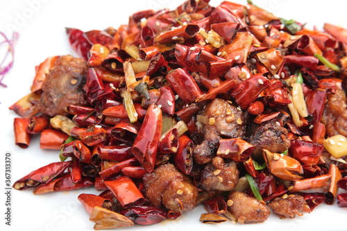 Close up of  popular Chinese Sichuan province Cuisine Chongqing style fried chicken with hot chilli