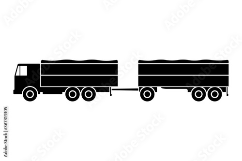 Grain truck icon. Side view. Vehicle with a trailer. Black silhouette. Vector flat graphic illustration. The isolated object on a white background. Isolate.