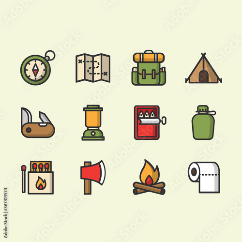 Camping icons. Vector illustration design. Holiday vector illustration. Outdoor recreation activity. Symbol set. Summer, picnic, nature. Summer forest. Summer travel map. Icon set.