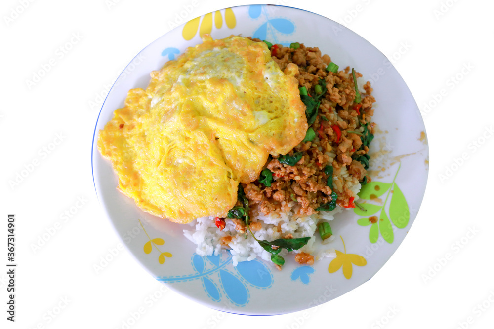 Pad Ka-prao; stir fried chopped chicken with chili and basil, served with steamed rice and fried egg on top set on white backgroud Pad Ka-prao; stir fried chopped chicken with chili and basil, served with steamed rice and fried egg on top set on white backgroud