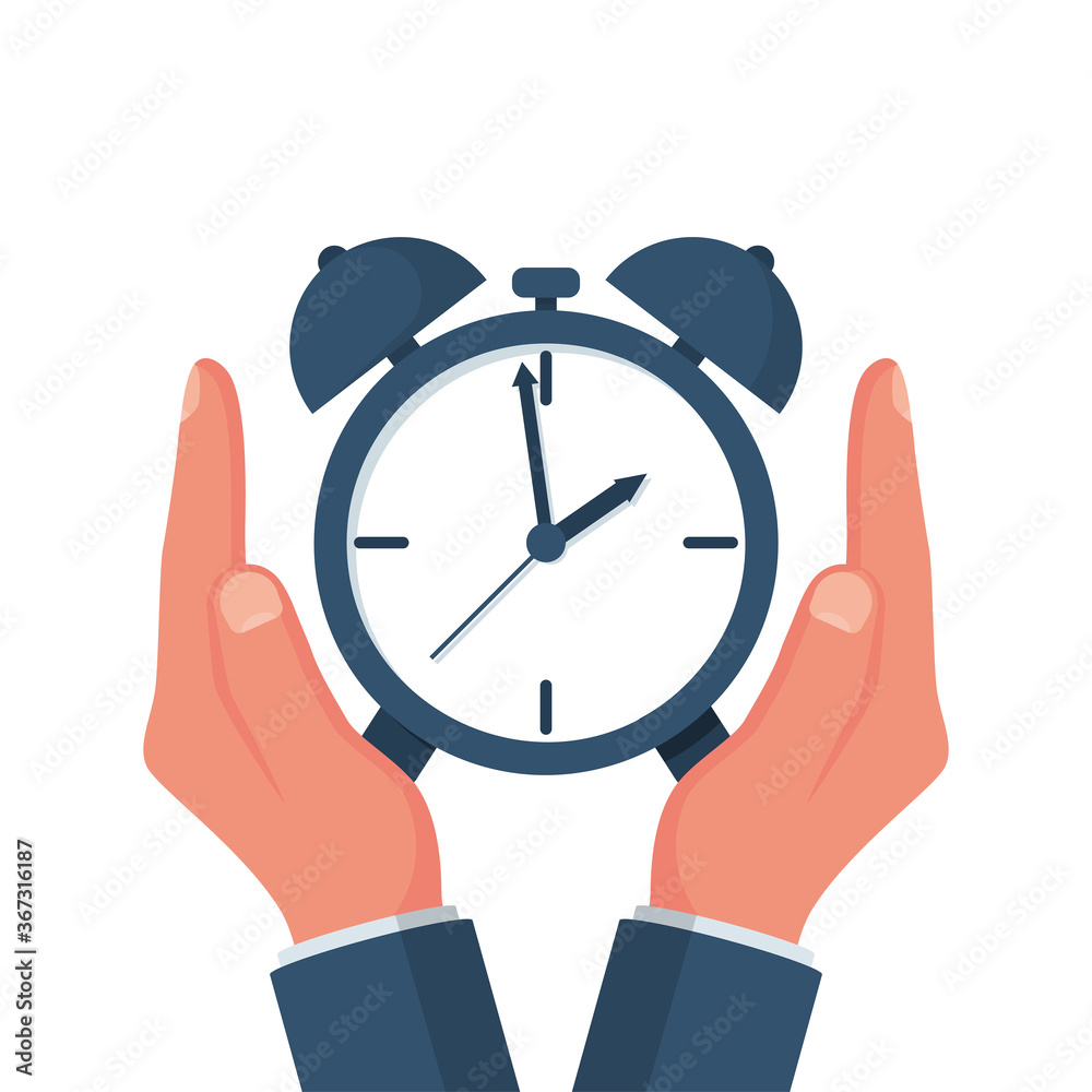 Protect time. Save time concept. Businessman hands is holding a watch, alarm clock. Vector illustration flat design. Save clock. Controlling time. Successful strategy planning. Stock-vektor | Adobe Stock
