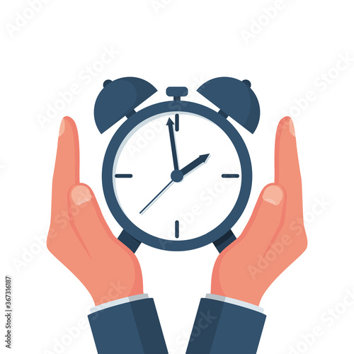 Protect time. Save time concept. Businessman in hands is holding a watch, alarm clock. Vector illustration flat design. Save clock. Controlling time. Successful strategy planning.