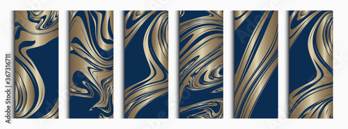 Luxury collection of abstract blue and gold backgrounds for banner or invitation card. Elegant mockups for perfume or wine packaging design. Marble effect and gold foil gradients. 