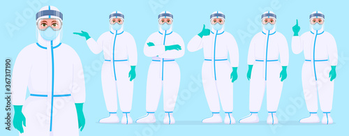 Female doctor in protective suit standing various poses and showing hand gestures. Set of physician covering with safety coverall (PPE). Corona virus epidemic outbreak. Cartoon illustration in vector.