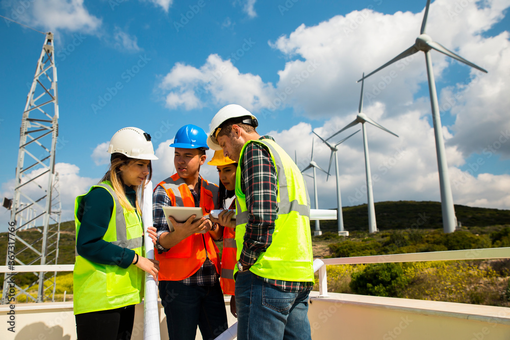 Young workers looking and checking wind turbines at field Young workers looking and checking wind turbines at field