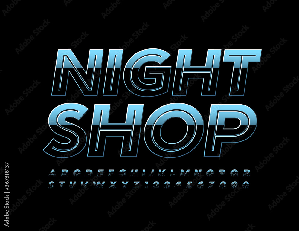 Obraz premium Vector modern banner Night Shop. Metallic Dark Font. Creative reflective Alphabet letters and Numbers