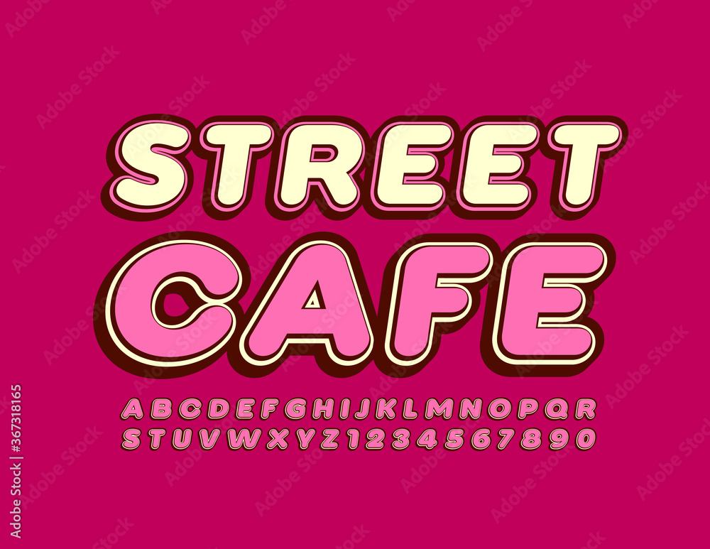 Vector trendy sign Street Cafe with Bright Pink Font. Retro style Alphabet Letters and Number set