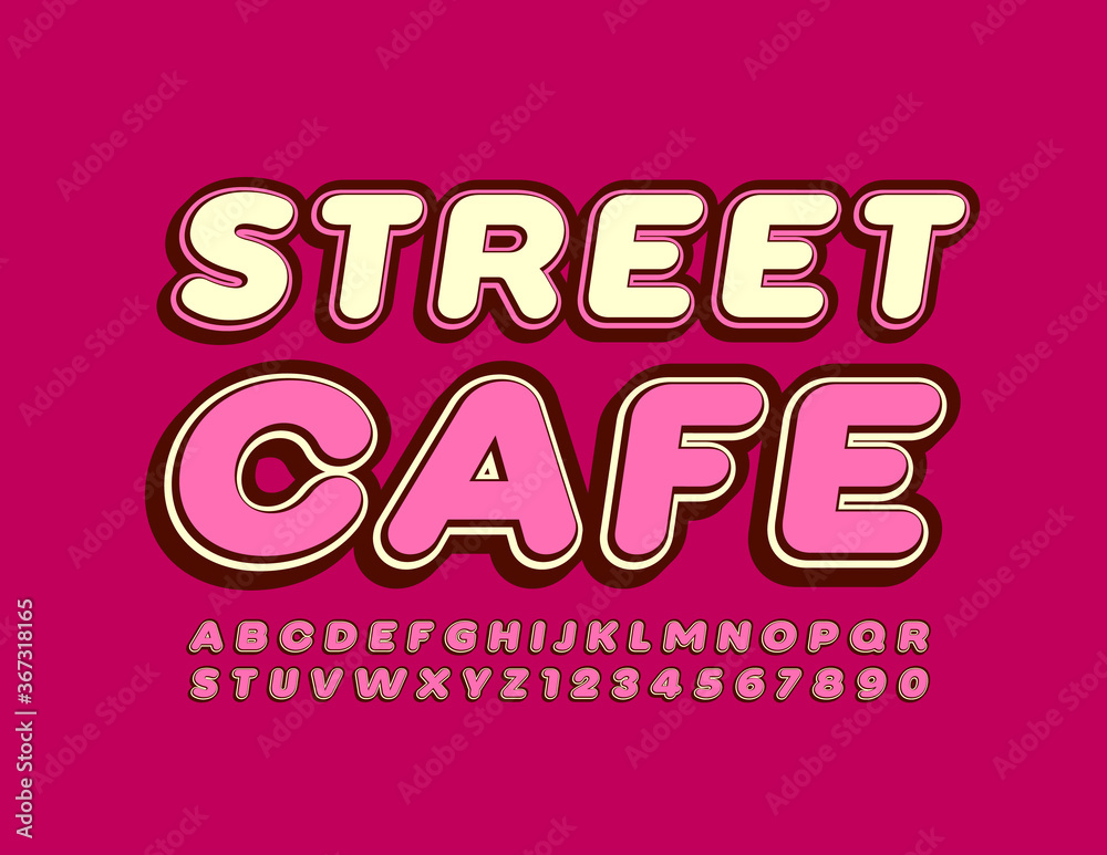 Vector trendy sign Street Cafe with Bright Pink Font. Retro style Alphabet Letters and Number set Vector trendy sign Street Cafe with Bright Pink Font. Retro style Alphabet Letters and Number set