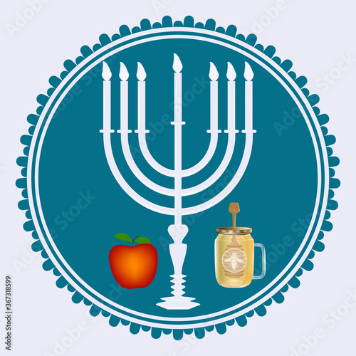 Menorah, apple, honey, glass jar with handle, spoon - round openwork icon - vector. Rosh Hashanah, Jewish New Year, Yom Kippur