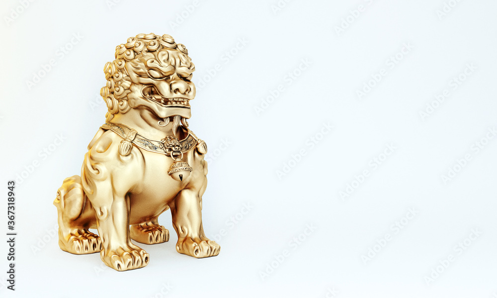 Traditional lion sculpture, concept background for oriental holidays, festival and tourism, Chinese new year image with copy space for text and white background, 3ds rendering.