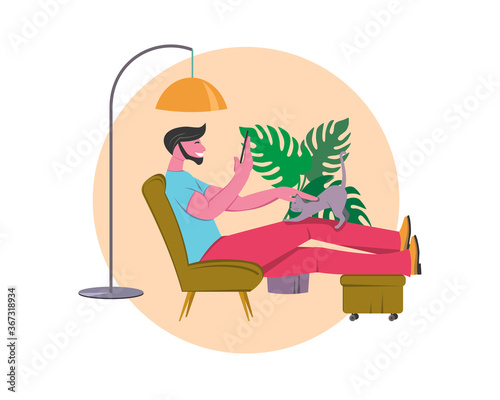 Referral marketing banner, man at home with smartphone.