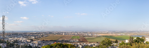 View from Mount Carmel to the industrial area of Haifa, suburbs and the port on the Mediterranean Sea in Haifa city in northern Israel