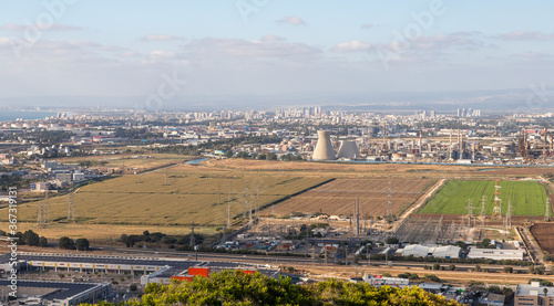 View from Mount Carmel to the industrial area of Haifa, suburbs and the port on the Mediterranean Sea in Haifa city in northern Israel