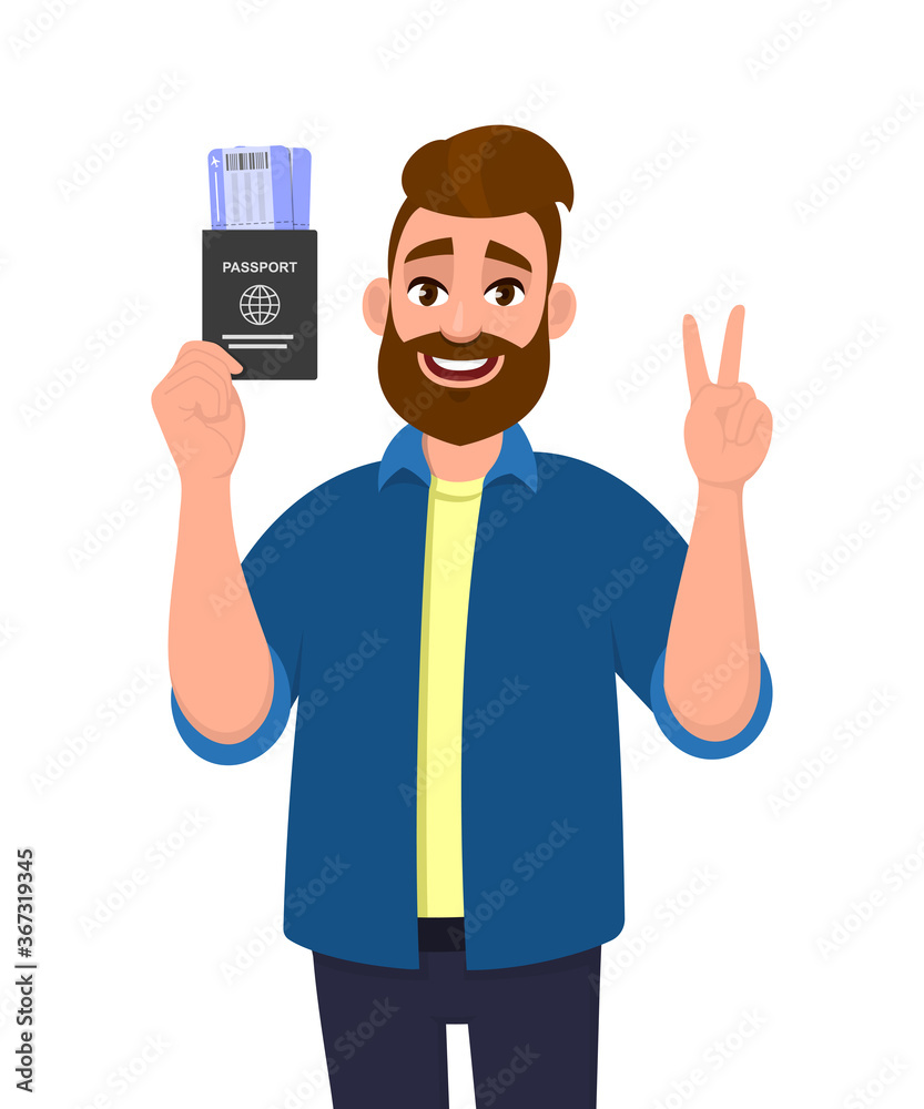 Young hipster man showing passport with tickets and gesturing victory, peace sign. Bearded person holding boarding pass and making two symbol with fingers. Cartoon illustration design in vector style. Young hipster man showing passport with tickets and gesturing victory, peace sign. Bearded person holding boarding pass and making two symbol with fingers. Cartoon illustration design in vector style.