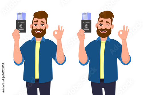 Young hipster man showing passport with ticket and gesturing okay, OK sign. Bearded person holding boarding pass and winking eye. Male character making good symbol with hand fingers. Vector cartoon.