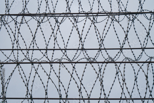 military barbed wire at dusk against cloudy sky
