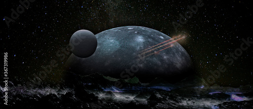 Fototapeta Naklejka Na Ścianę i Meble -  Spaceship in space above the alien planet. Elements of this image furnished by NASA.