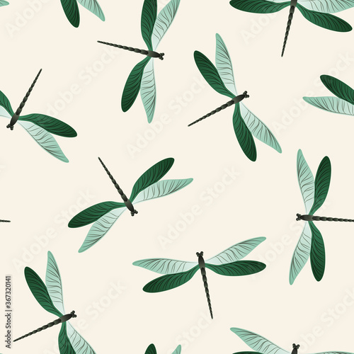 Dragonfly abstract seamless pattern. Repeating dress textile print with damselfly insects. Close up 