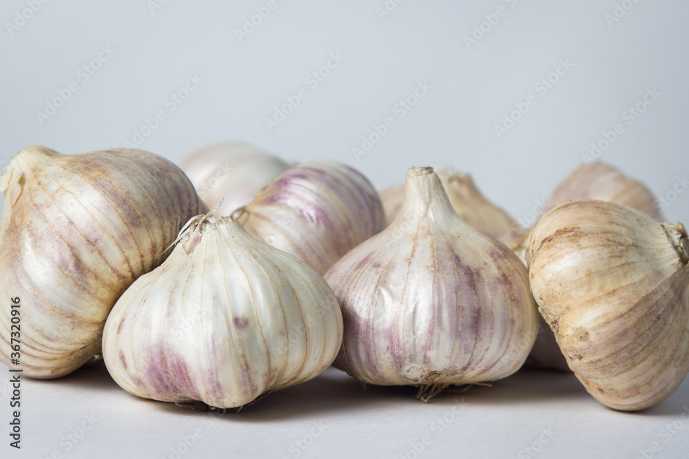 Obraz premium Garlic on a white background. A bunch of garlic in the middle of the frame. Agriculture concept