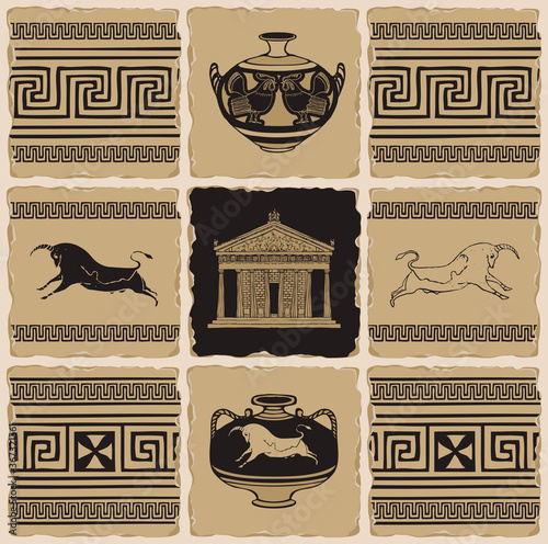 Ancient Greek banner in the form of a set of stone, clay or ceramic tiles. Vector illustrations with Greek ornaments, Cretan bulls, amphorae and the facade of the Parthenon in retro style.