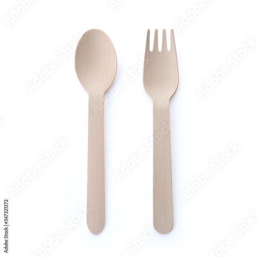 Blank wooden spoon & fork mockup isolated on white background. Clean disposable cutlery mock up for food delivery. Clear kitchenware for template. Eco cutlery set for picnic. Studio Photography.