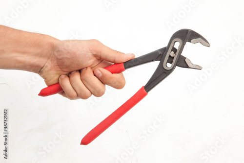 Pliers in hand and icholized on a white background. Home renovation tools.
