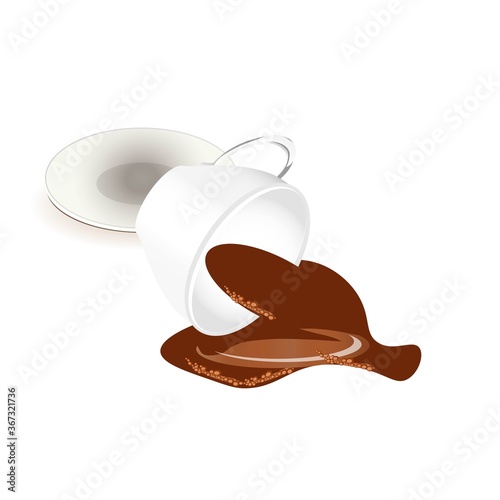A cup of coffee is spilled. White cup and saucer object isolated stock vector illustration for web, for print, for fabric print, for restaurant