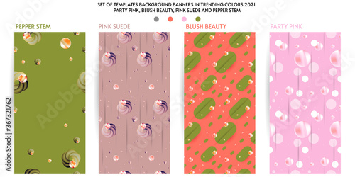 Pastel colored Creative backgrounds for social media templates. Set of banners in trending colors Party Pink, Blush Beauty, Pink Suede and Pepper Stem background